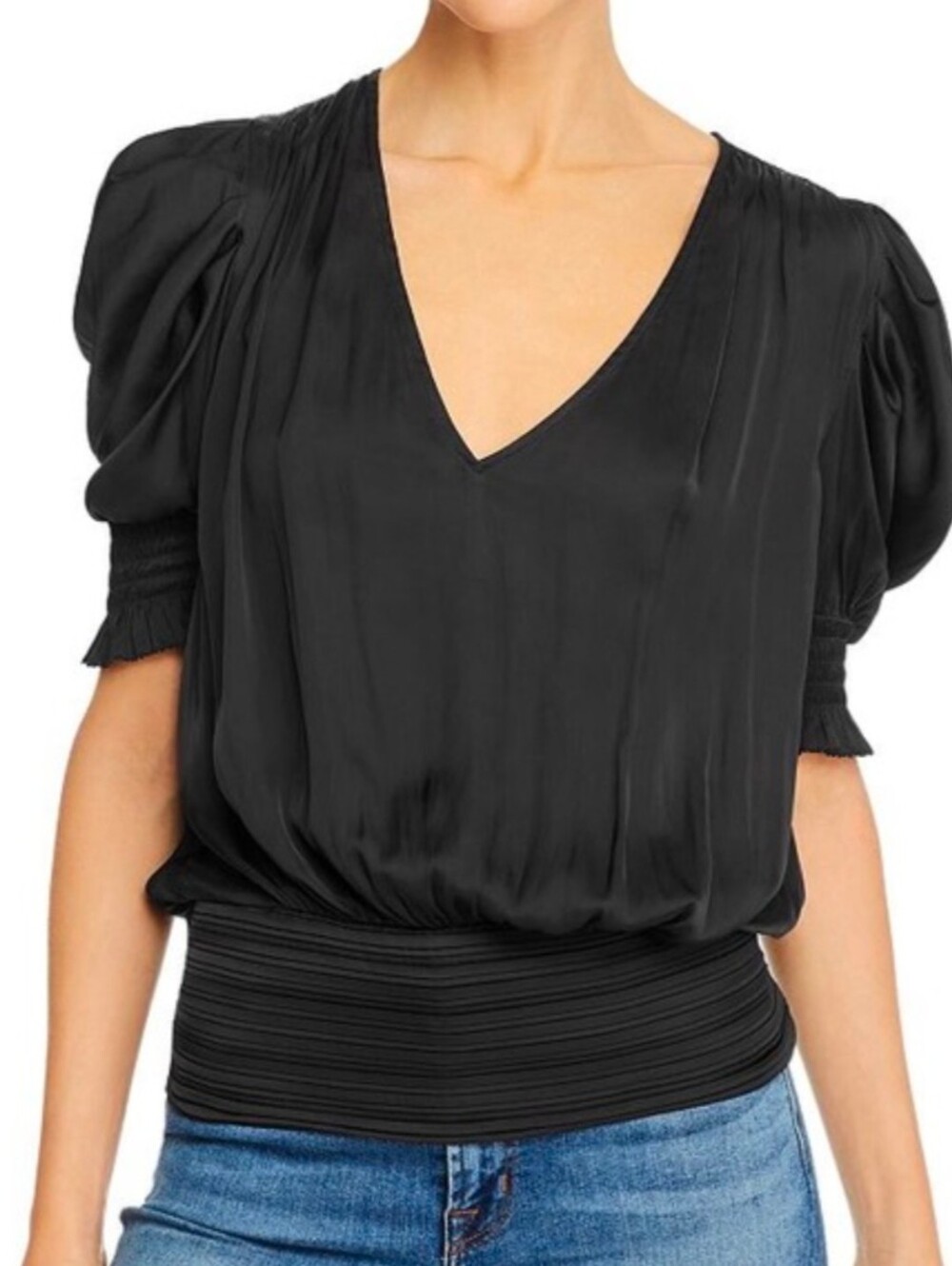 Philosophy Black Short-Sleeve Smocked Waist Blouse M